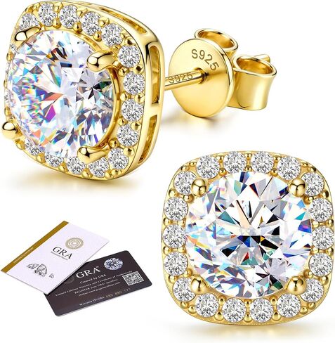 Moissanite Halo Earrings Studs : 18K Gold Plated Solid 925 Sterling Silver Stud Earring for Women Men Hypoallergenic Dainty Moissanite Jewelry for Sensitive Ear Round Cut D Color VVS1 1CT-4CT in Saudi Arabia
