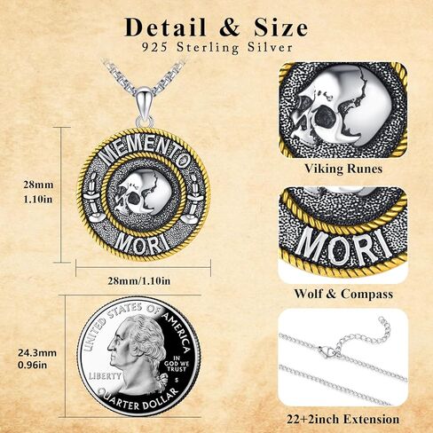 YueYuan Memento Mori Necklace 925 Sterling Silver Skull Pendant Retro Gothic Necklace Memento Mori Jewelry Gifts for Men in Kuwait