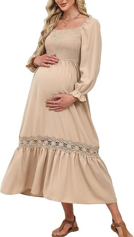 CUPSHE Women's Maternity Maxi Dresses Square Neck Smocked Baby Shower Long Sleeve Ruffled Fashion Casual Fall Pregnancy Dress in Saudi Arabia