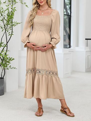 CUPSHE Women's Maternity Maxi Dresses Square Neck Smocked Baby Shower Long Sleeve Ruffled Fashion Casual Fall Pregnancy Dress in Saudi Arabia