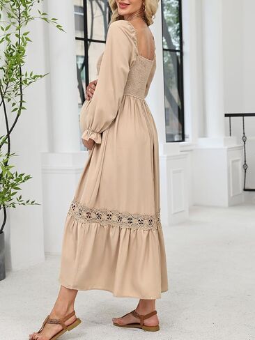 CUPSHE Women's Maternity Maxi Dresses Square Neck Smocked Baby Shower Long Sleeve Ruffled Fashion Casual Fall Pregnancy Dress in Saudi Arabia