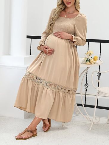 CUPSHE Women's Maternity Maxi Dresses Square Neck Smocked Baby Shower Long Sleeve Ruffled Fashion Casual Fall Pregnancy Dress in Saudi Arabia