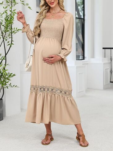 CUPSHE Women's Maternity Maxi Dresses Square Neck Smocked Baby Shower Long Sleeve Ruffled Fashion Casual Fall Pregnancy Dress in Saudi Arabia