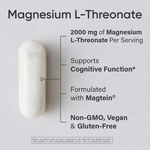 أبحاث الرياضة Magtein Magnesium L -Threonate كبسولات - مكملات المغنيسيوم للذاكرة والتركيز والإدراك - يدعم المغنيسيوم T threonate صحة الدماغ والنوم والمزاج - 2000 ملغ ، 90 كبسولة للبالغين in Saudi Arabia