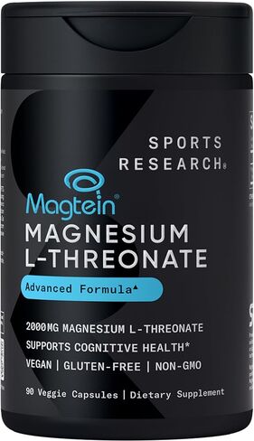 أبحاث الرياضة Magtein Magnesium L -Threonate كبسولات - مكملات المغنيسيوم للذاكرة والتركيز والإدراك - يدعم المغنيسيوم T threonate صحة الدماغ والنوم والمزاج - 2000 ملغ ، 90 كبسولة للبالغين in Kuwait