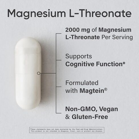أبحاث الرياضة Magtein Magnesium L -Threonate كبسولات - مكملات المغنيسيوم للذاكرة والتركيز والإدراك - يدعم المغنيسيوم T threonate صحة الدماغ والنوم والمزاج - 2000 ملغ ، 90 كبسولة للبالغين in Kuwait