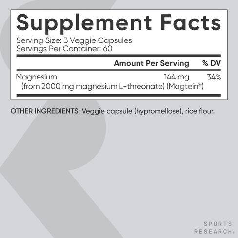 أبحاث الرياضة Magtein Magnesium L -Threonate كبسولات - مكملات المغنيسيوم للذاكرة والتركيز والإدراك - يدعم المغنيسيوم T threonate صحة الدماغ والنوم والمزاج - 2000 ملغ ، 90 كبسولة للبالغين in Saudi Arabia