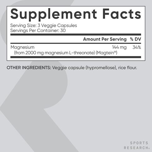 أبحاث الرياضة Magtein Magnesium L -Threonate كبسولات - مكملات المغنيسيوم للذاكرة والتركيز والإدراك - يدعم المغنيسيوم T threonate صحة الدماغ والنوم والمزاج - 2000 ملغ ، 90 كبسولة للبالغين in Kuwait
