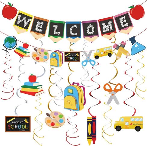 Welcome Back to School Decorations-Welcome Back to School Hanging Swirls & Banner for Classroom and Teacher Office, New Grade Pennant Photo Props Supplies for School Classroom Hanging Decor in Saudi Arabia