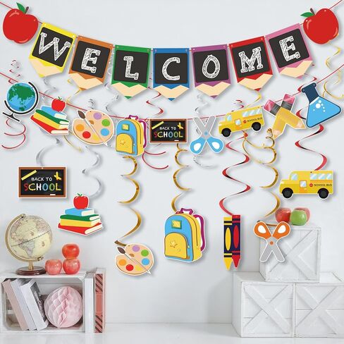 Welcome Back to School Decorations-Welcome Back to School Hanging Swirls & Banner for Classroom and Teacher Office, New Grade Pennant Photo Props Supplies for School Classroom Hanging Decor in Saudi Arabia