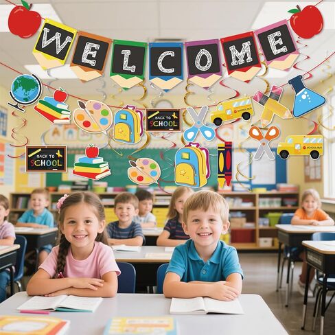 Welcome Back to School Decorations-Welcome Back to School Hanging Swirls & Banner for Classroom and Teacher Office, New Grade Pennant Photo Props Supplies for School Classroom Hanging Decor in Saudi Arabia