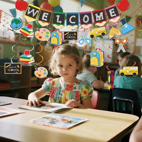 Welcome Back to School Decorations-Welcome Back to School Hanging Swirls & Banner for Classroom and Teacher Office, New Grade Pennant Photo Props Supplies for School Classroom Hanging Decor in Saudi Arabia