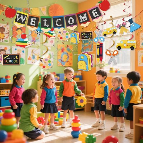 Welcome Back to School Decorations-Welcome Back to School Hanging Swirls & Banner for Classroom and Teacher Office, New Grade Pennant Photo Props Supplies for School Classroom Hanging Decor in Saudi Arabia