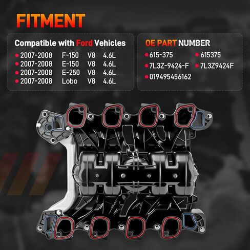 615-375 Engine Upper Intake Manifold with Gasket ＆ Thermostat Kit Compatible with Ford 2007 2008 E-150 E-250 F-150 Lobo V8 4.6L Replace# 615375 7L3Z-9424-F 7L3Z9424F 019495456162 in Kuwait