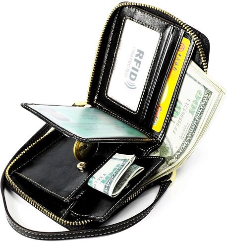 Women's RFID Blocking Genuine Leather Zip Around Wallet with Wristlet Credit Card Holder Clutch Purse (Black) in Saudi Arabia
