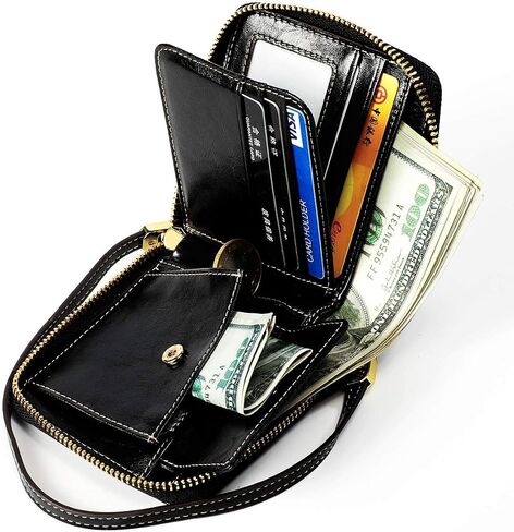 Women's RFID Blocking Genuine Leather Zip Around Wallet with Wristlet Credit Card Holder Clutch Purse (Black) in Saudi Arabia
