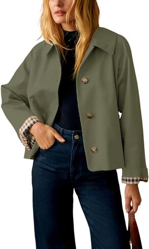 Yeokou Women Excerize Trench Coat Plaid Lining Frait Button Down Discal Crop Stacket Outwear مع جيوب in Saudi Arabia