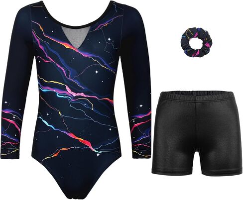 Gymnastics Leotards for Girls With Shorts Sparkly Ballet Dance Long Printed Sleeve Outfit in Saudi Arabia