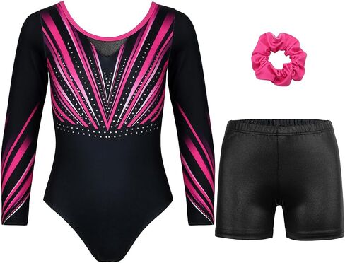 Gymnastics Leotards for Girls With Shorts Sparkly Ballet Dance Long Printed Sleeve Outfit in Saudi Arabia