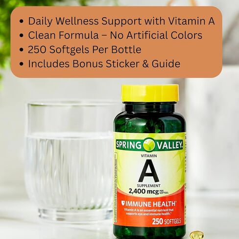 1 Pack Vitamin A 2,400 mcg Softgels, 250 Count (1 Bottle) + Vitamin Guide & Sticker Included in Saudi Arabia