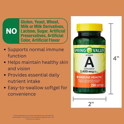 1 Pack Vitamin A 2,400 mcg Softgels, 250 Count (1 Bottle) + Vitamin Guide & Sticker Included in Saudi Arabia