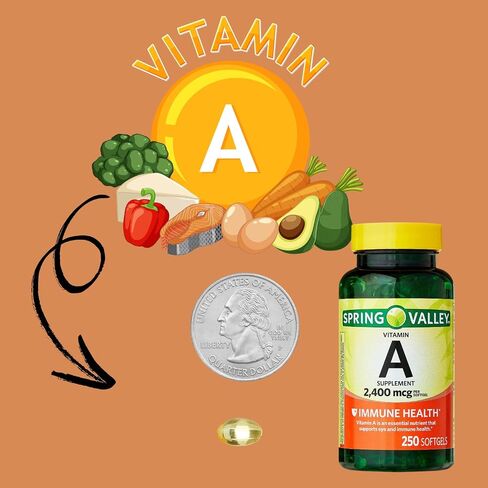 1 Pack Vitamin A 2,400 mcg Softgels, 250 Count (1 Bottle) + Vitamin Guide & Sticker Included in Saudi Arabia