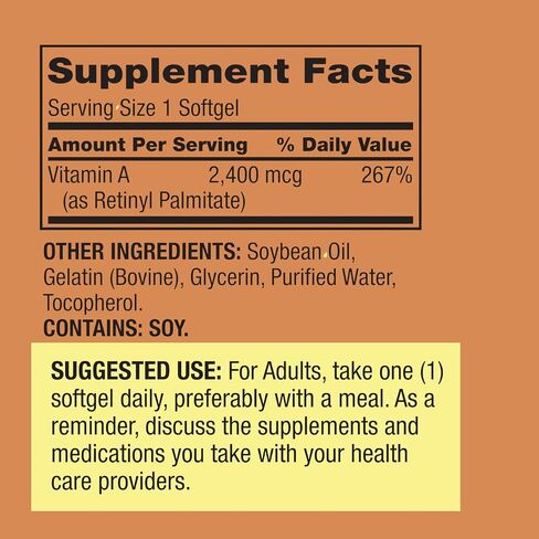 1 Pack Vitamin A 2,400 mcg Softgels, 250 Count (1 Bottle) + Vitamin Guide & Sticker Included in Saudi Arabia