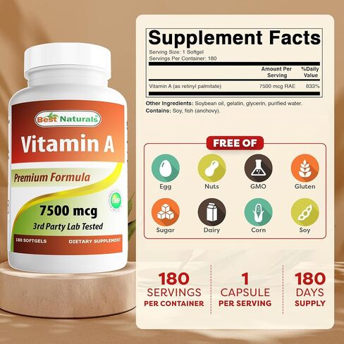Best Naturals Vitamin A 25000 IU (7500 MCG) ، تدعم صيغة غير المعدلة وراثيا نظامًا صحيًا ونموًا مناعيًا ونموًا صحيًا وتكاثرًا ، 180 ناعمة (180 عدد (حزمة 1)) in Kuwait