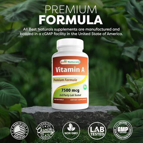 Best Naturals Vitamin A 25000 IU (7500 MCG) ، تدعم صيغة غير المعدلة وراثيا نظامًا صحيًا ونموًا مناعيًا ونموًا صحيًا وتكاثرًا ، 180 ناعمة (180 عدد (حزمة 1)) in Kuwait