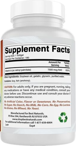 Best Naturals Vitamin A 25000 IU (7500 MCG) ، تدعم صيغة غير المعدلة وراثيا نظامًا صحيًا ونموًا مناعيًا ونموًا صحيًا وتكاثرًا ، 180 ناعمة (180 عدد (حزمة 1)) in Kuwait