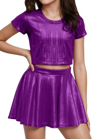 Happy Cherry Girls Metallic Tops Short Sleeve Crewneck Shiny Tees Shirt + Skirts for Dance in Saudi Arabia
