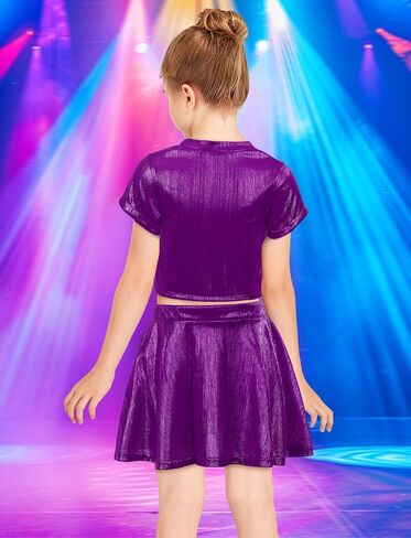 Happy Cherry Girls Metallic Tops Short Sleeve Crewneck Shiny Tees Shirt + Skirts for Dance in Saudi Arabia