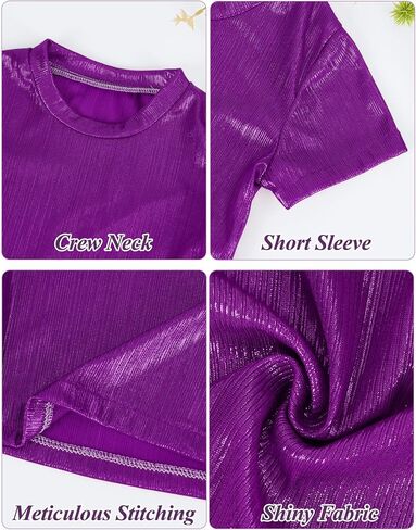 Happy Cherry Girls Metallic Tops Short Sleeve Crewneck Shiny Tees Shirt + Skirts for Dance in Saudi Arabia