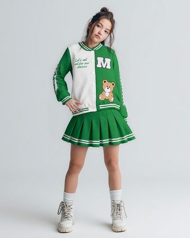 Purechapter Girls Skirt يضع سترة البيسبول سترة من النوع الثقيل تنورة مطوية 2 قطعة سريفة للبنات in Kuwait
