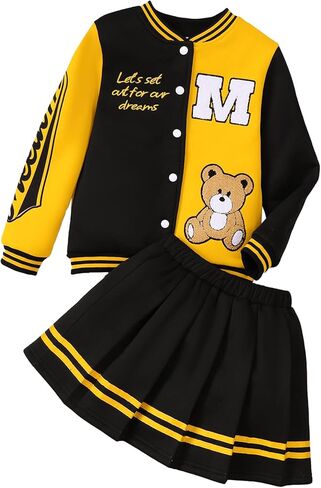 Purechapter Girls Skirt يضع سترة البيسبول سترة من النوع الثقيل تنورة مطوية 2 قطعة سريفة للبنات in Kuwait