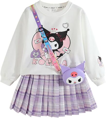 Girls 3 Piece Outfits Cartoon Crewneck Long Sleeve Pullover Sweatshirt + Plaid Pleated Mini Skirt + Bag Sets in Kuwait