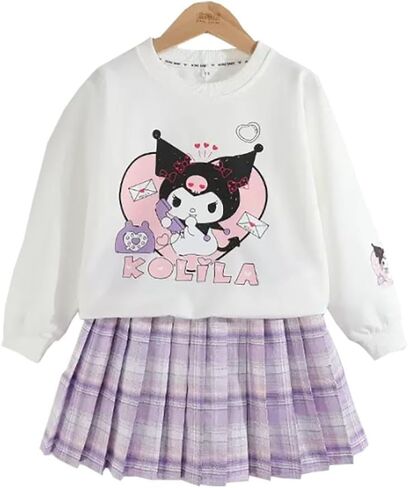 Girls 3 Piece Outfits Cartoon Crewneck Long Sleeve Pullover Sweatshirt + Plaid Pleated Mini Skirt + Bag Sets in Kuwait