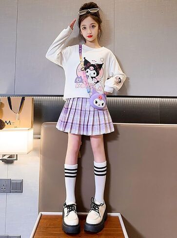 Girls 3 Piece Outfits Cartoon Crewneck Long Sleeve Pullover Sweatshirt + Plaid Pleated Mini Skirt + Bag Sets in Kuwait