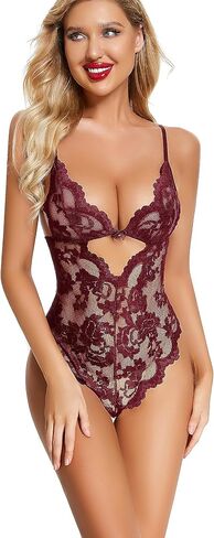 Lace One Piece Women Lingerie Sexy Floral Teddy See Through Bodysuit V Neck Mini Babydoll in Kuwait