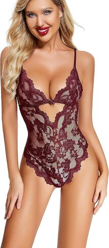 Lace One Piece Women Lingerie Sexy Floral Teddy See Through Bodysuit V Neck Mini Babydoll in Kuwait