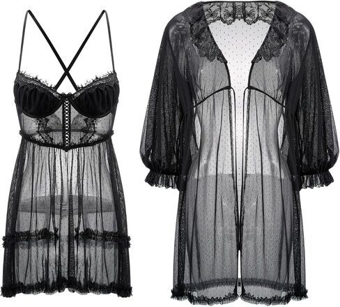 Osuga Women Sexy Lace Lingerie Set 2 قطعة Babydoll & Kimono Robe Strap Chemise Sleepwear Polka Dots Lightgown in Saudi Arabia