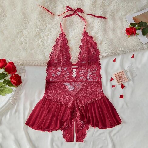 Sexy Lingerie for Women Lace Bodysuit One Piece Teddy Mini Babydoll Mesh Sleepwear V Neck Chemise Nightgowns in Saudi Arabia