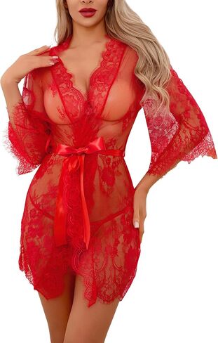 Women's Lace Kimono Robe Mesh Nightgown Babydoll Chemise Lingerie Cover Up Sheer Robe with Belt in Kuwait
