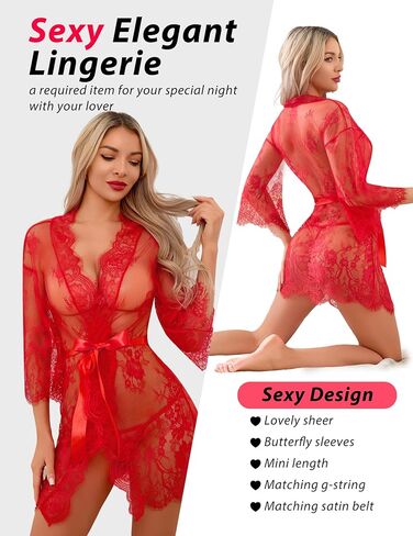 Women's Lace Kimono Robe Mesh Nightgown Babydoll Chemise Lingerie Cover Up Sheer Robe with Belt in Kuwait