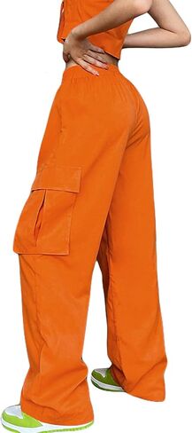 Muineobuka Women Halloween Orange Cargo Pants Elastic Waist Orange Wide Leg Parachute Pants in Saudi Arabia