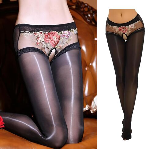 Womens Ultra Thin Oil Glossy Crotchless Pantyhose See-Through Lace Patchwork Sheer Stockings in Saudi Arabia