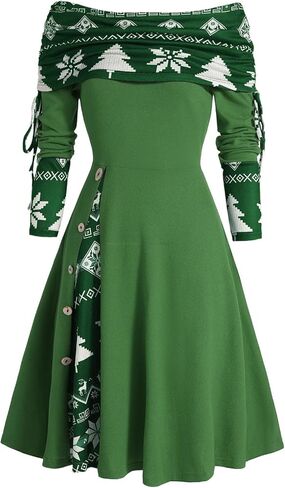 DRESSFO Womens Boho Knit Sweater Dress Long Sleeve Off Shoulder Button Sweatshirt Colorblock A Line Winter Dress in Kuwait