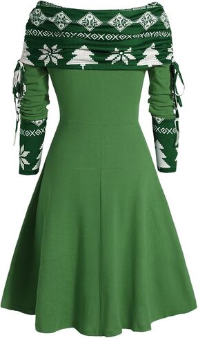 DRESSFO Womens Boho Knit Sweater Dress Long Sleeve Off Shoulder Button Sweatshirt Colorblock A Line Winter Dress in Kuwait