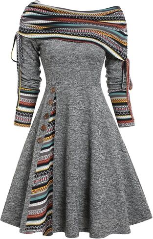 DRESSFO Womens Boho Knit Sweater Dress Long Sleeve Off Shoulder Button Sweatshirt Colorblock A Line Winter Dress in Kuwait