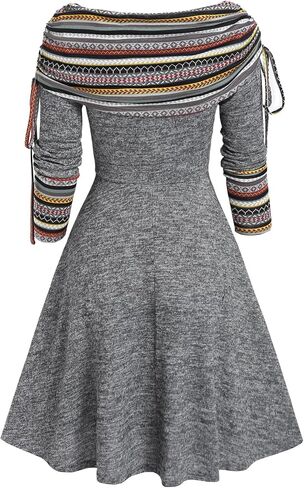 DRESSFO Womens Boho Knit Sweater Dress Long Sleeve Off Shoulder Button Sweatshirt Colorblock A Line Winter Dress in Kuwait